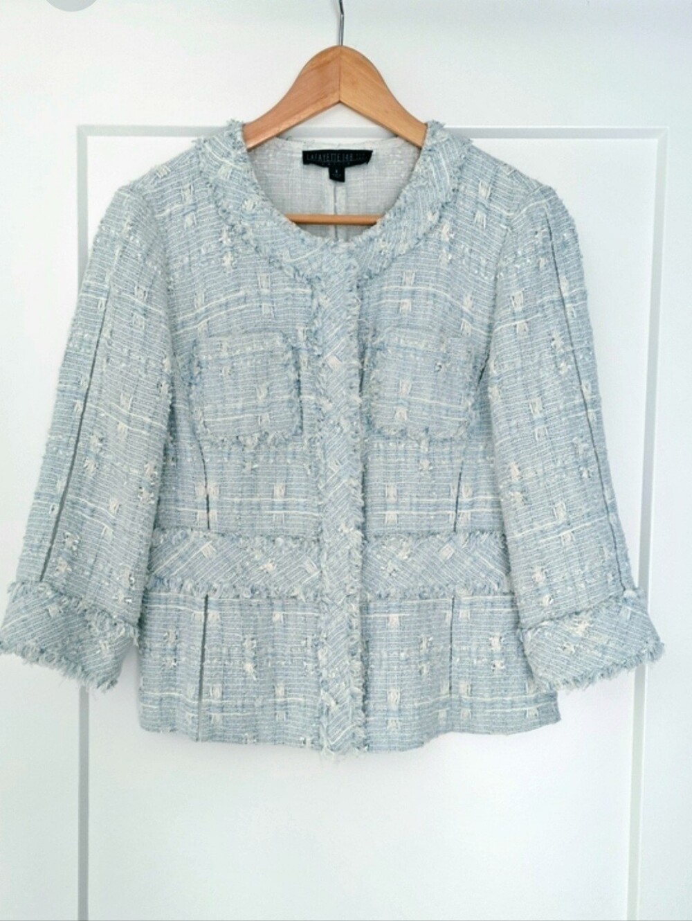 Lafayette 148 New York Pale Blue Tweed Fringe-Trim Jacket. Size 8P